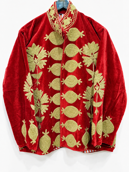 KRRISHU | Crimson Red Embroidered Velvet Jacket