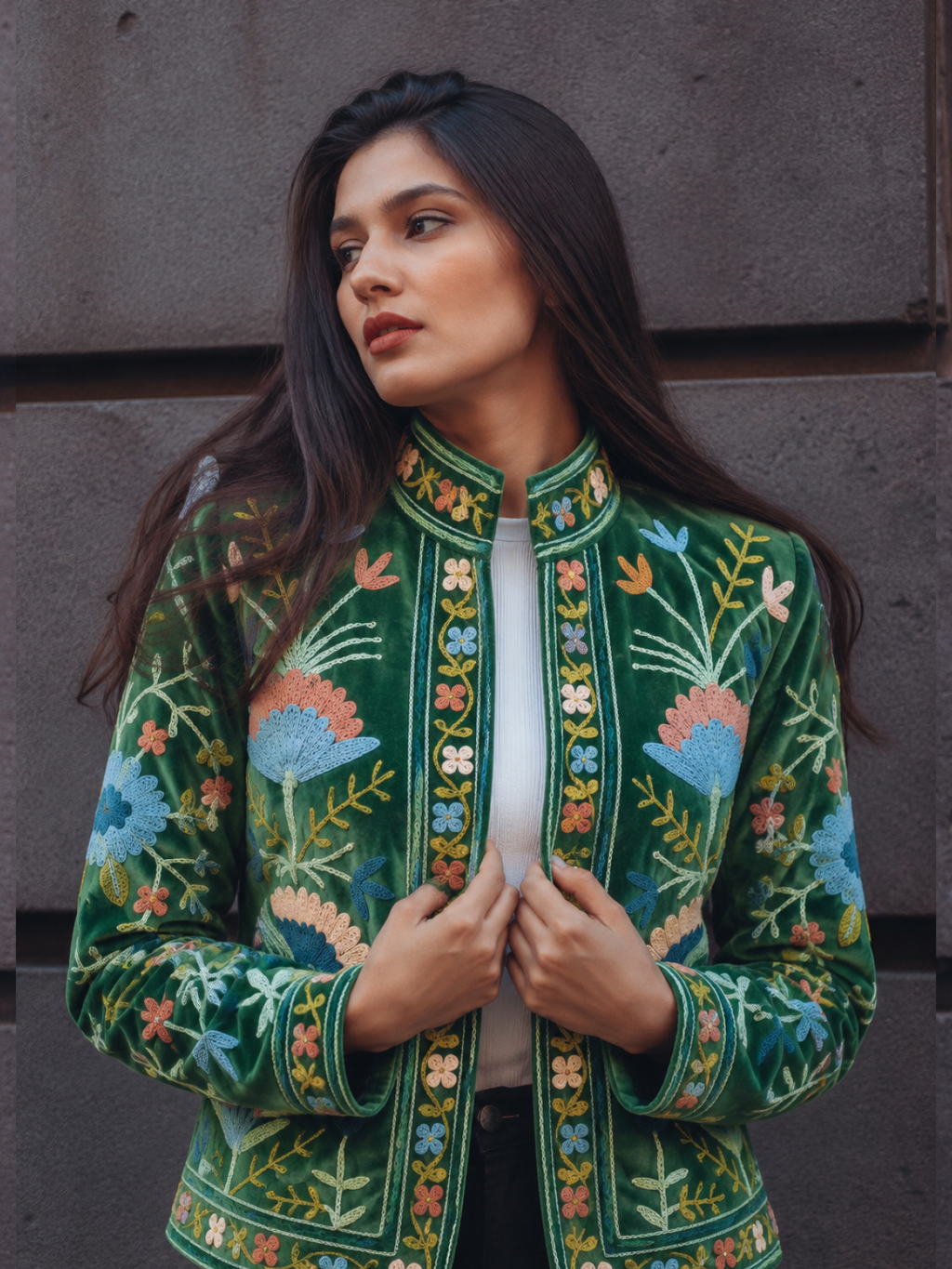 KRRISHU | Emerald Green Floral Embroidered Velvet Jacket