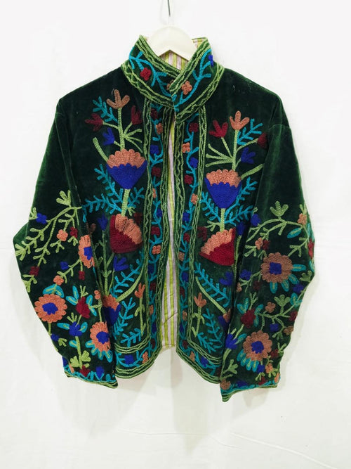 KRRISHU | Dark Green Floral Embroidered Velvet Jacket