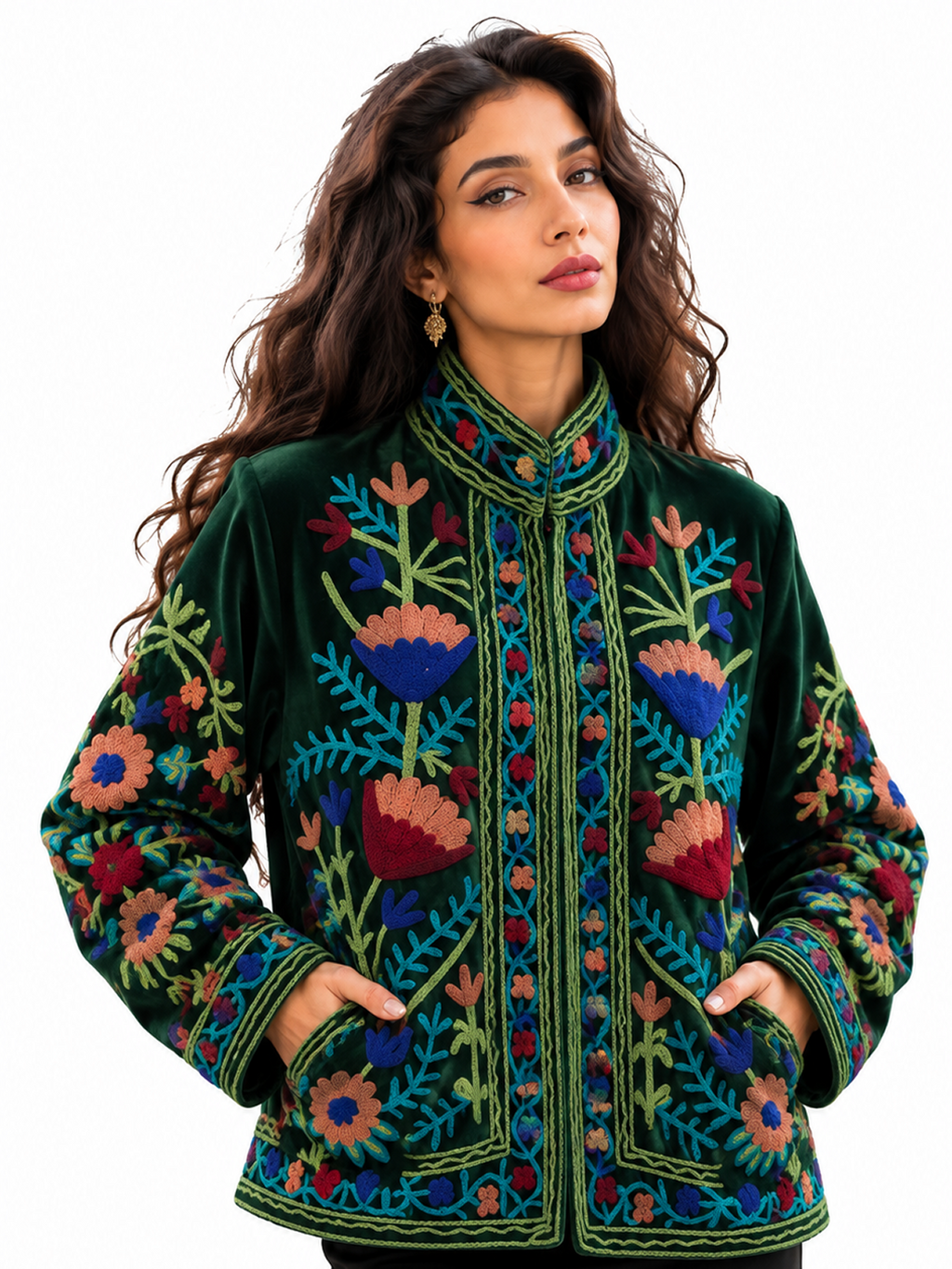 KRRISHU | Dark Green Floral Embroidered Velvet Jacket